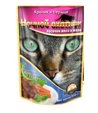 Ночной охотник консервы для кошек кролик и сердце в желе пауч 100 гр.